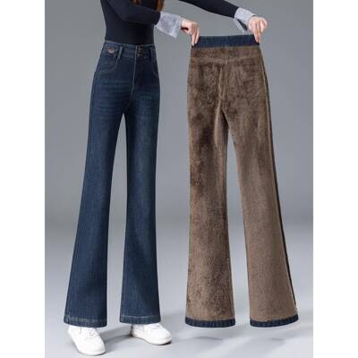 特厚羊羔绒微喇牛仔裤2025新款高腰显瘦冬季加绒加厚马蹄喇叭裤子
