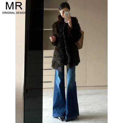 高腰不贴腿美式宽松微喇牛仔裤女冬季2025新款弹力加绒拖地喇叭裤