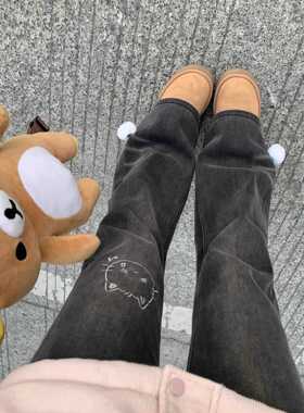 熊太TeTe 秋冬新款猫须微喇叭牛仔裤女 加绒弹力显瘦小个子马蹄裤