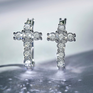 十字架 培育钻石耳环PT950铂金人工培育钻石耳扣人造钻石耳钉