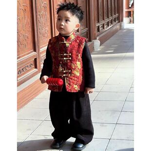 男童套装痞帅炸街潮酷一整套2026新年战袍高级感新中式国风马甲拜