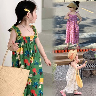 吊带连体裤女童夏季2024新款裤子阔腿裤多巴胺风大裤腿夏款长薄款