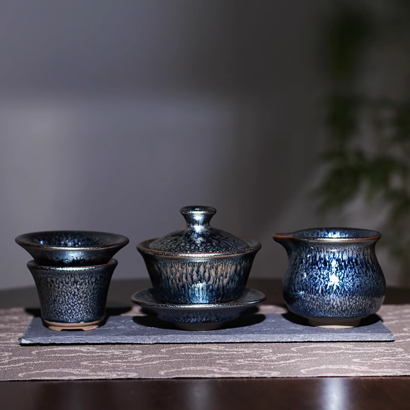 建阳建盏公道杯茶漏茶滤家用百花三才盖碗分茶器茶具茶壶三件套装