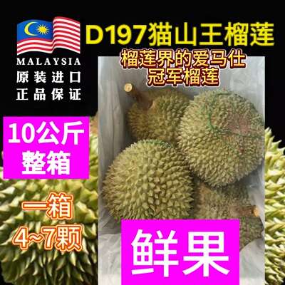 【鲜果10KG整箱树熟】D197猫山王带壳榴莲1箱4～6颗马来西亚进口