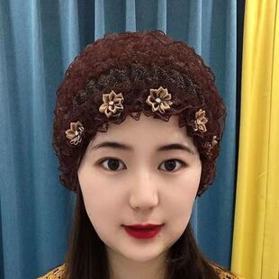 精品时尚百搭款美人千层花朵帽洋气抒发遮发小帽帽子女蕾丝包头帽
