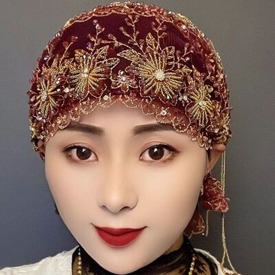 【推荐】2024盖头流苏重工刺绣鱼尾帽双层爆款手工时尚洋气帽子