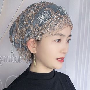 爆款 刺绣鱼尾超轻薄网红双层高档流苏帽手工蕾丝头巾包头洋气 夏季