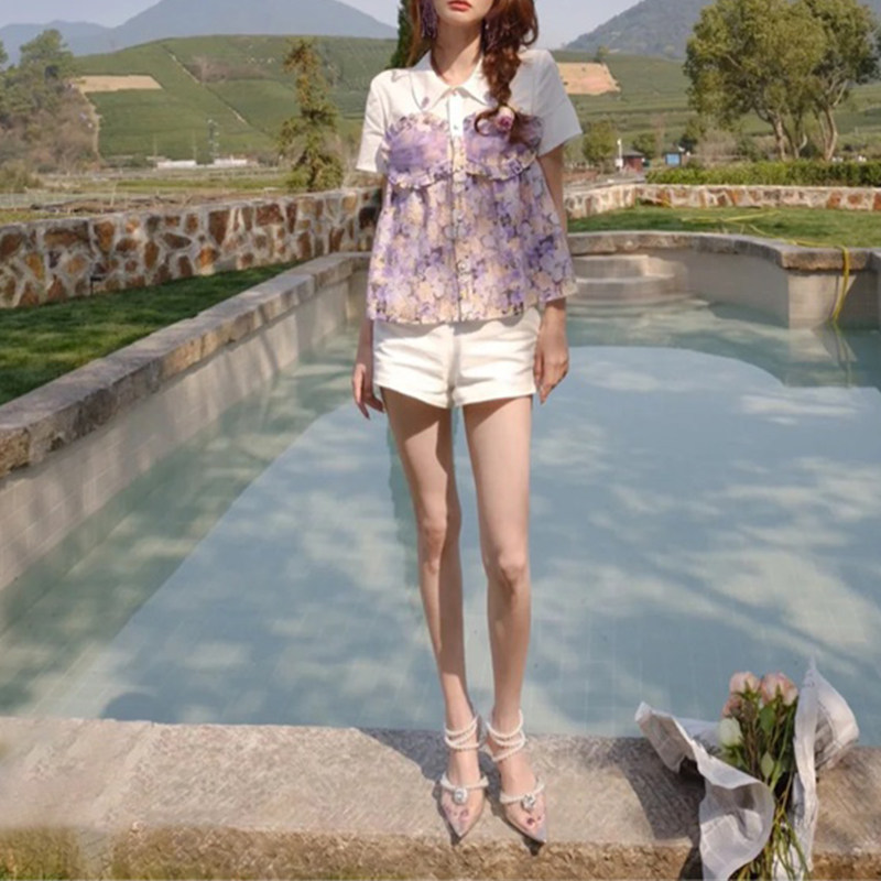 女夏季2022年新款设计感小众时尚显瘦气质宽松拼接上衣短袖花衬衫在类目 女装/女士精品, 衬衫中 - 来自Buy2taobao.com提供专业的淘宝代购服务