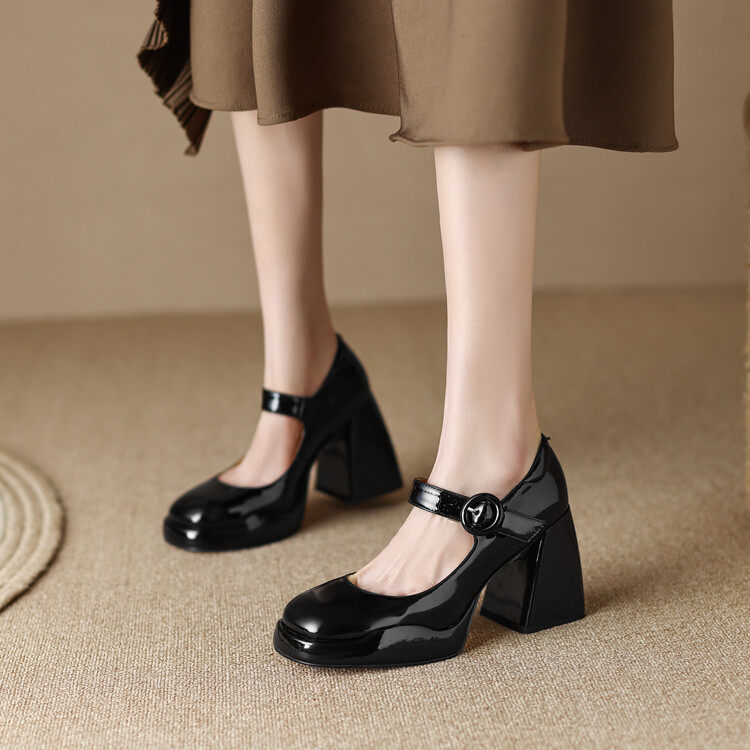 10CM 울트라 하이힐 두꺼운 뒤꿈치 여성용 싱글 신발  가죽 두꺼운 단독 원 스트랩 33 메리 제인 신발 41 새로운 대형 작은 가죽 신발