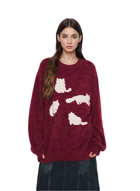 RASP猫咪数码印毛线衣男女情侣秋冬潮美式复古宽松软糯针织衫上衣