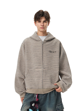 RASP美式毛呢拉链卫衣男女连帽衫秋冬季宽松休闲情侣条纹开衫外套