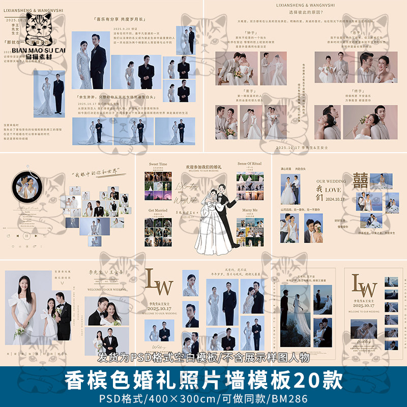 香槟色婚礼照片墙迎宾签到区合影区背景墙排版设计PSD模版素材