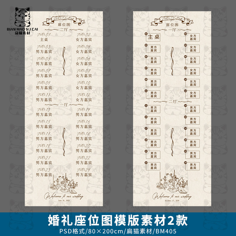 欧式复古婚礼席位图手绘涂鸦座位图指示牌易拉宝设计PSD模版素材
