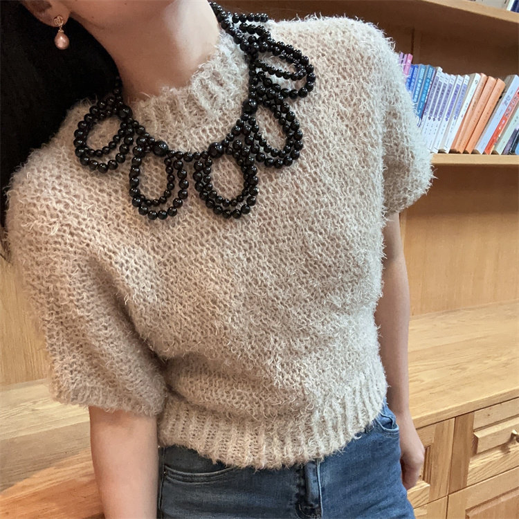 俏皮女孩~·黑色串珠大花瓣黑色少女可爱气质项链颈链