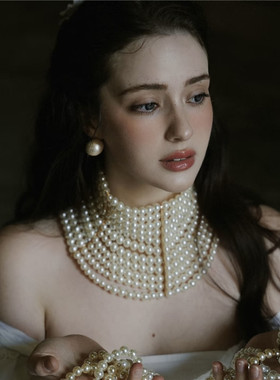 vintage 优雅复古油画款多层叠戴珍珠项链颈饰