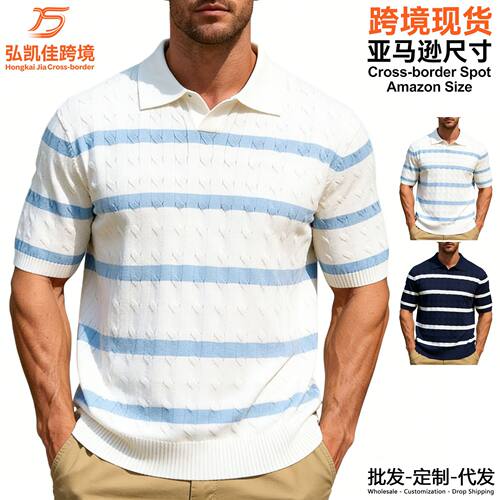 POLO衫短袖针织衫T恤男海鸥领V领条纹老钱风夏亚马逊跨境工厂批发