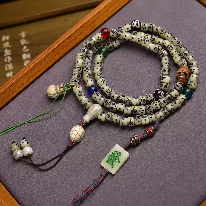 藏传回流骨雕刻阿呆桶珠108颗佛珠念珠脖挂三通琉璃玛瑙配饰文玩