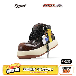 新款 猫与沙发 马丁靴丑萌大头靴子擦色做旧棕色短靴 UFO系列