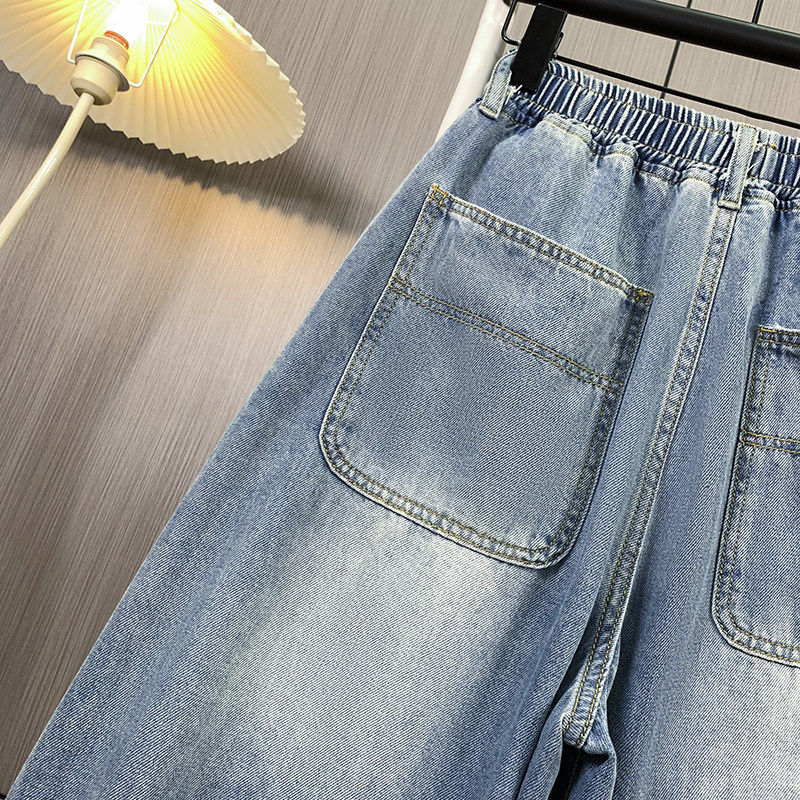 2026新款松紧腰阔腿牛仔七分裤女大码胖MM夏薄款小个子显瘦八分裤