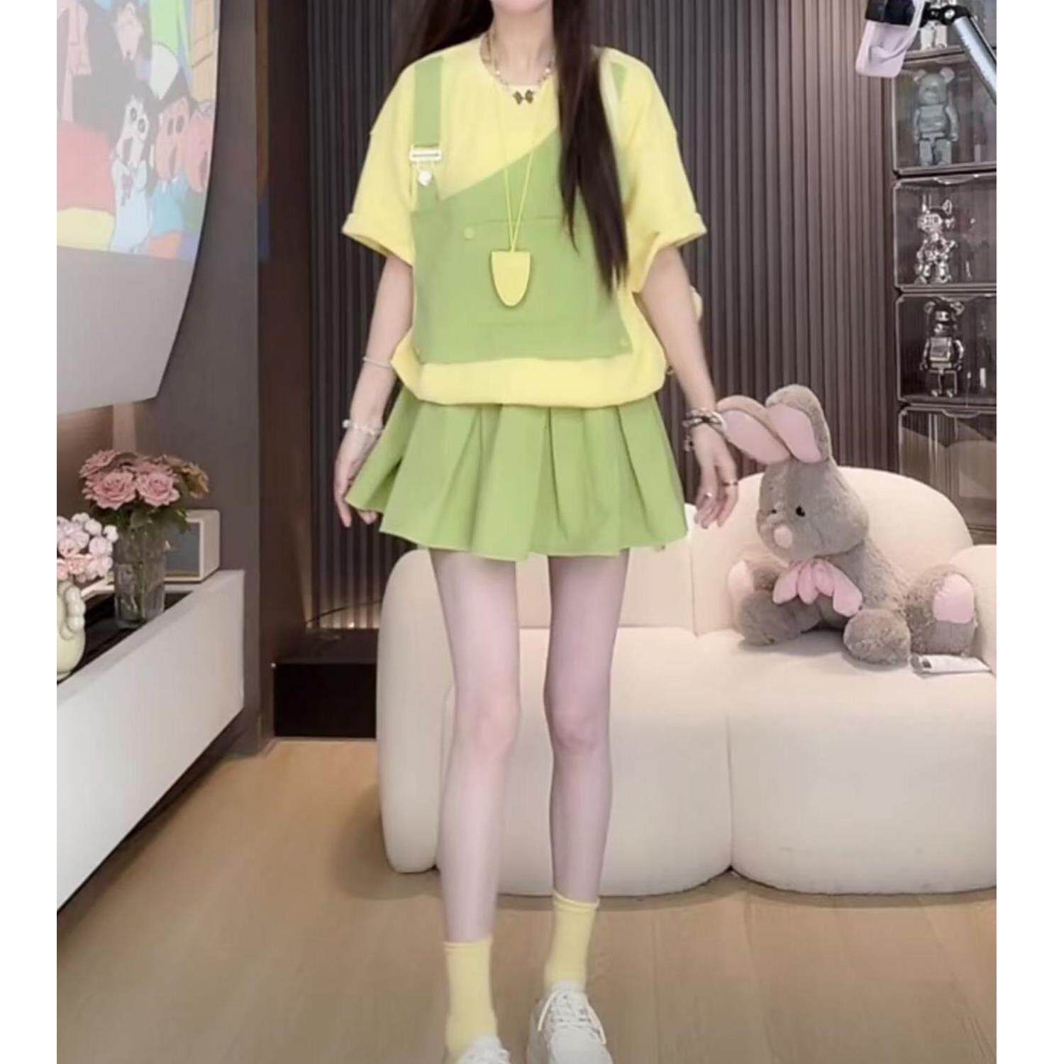 2025夏季女装短袖套装 小个子假两件设计 上衣加短裙两件套 XXL可