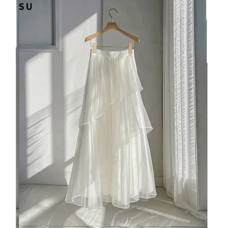 白色A字半身裙女2026年夏季大码胖mm高腰遮胯显瘦中长款网纱裙子