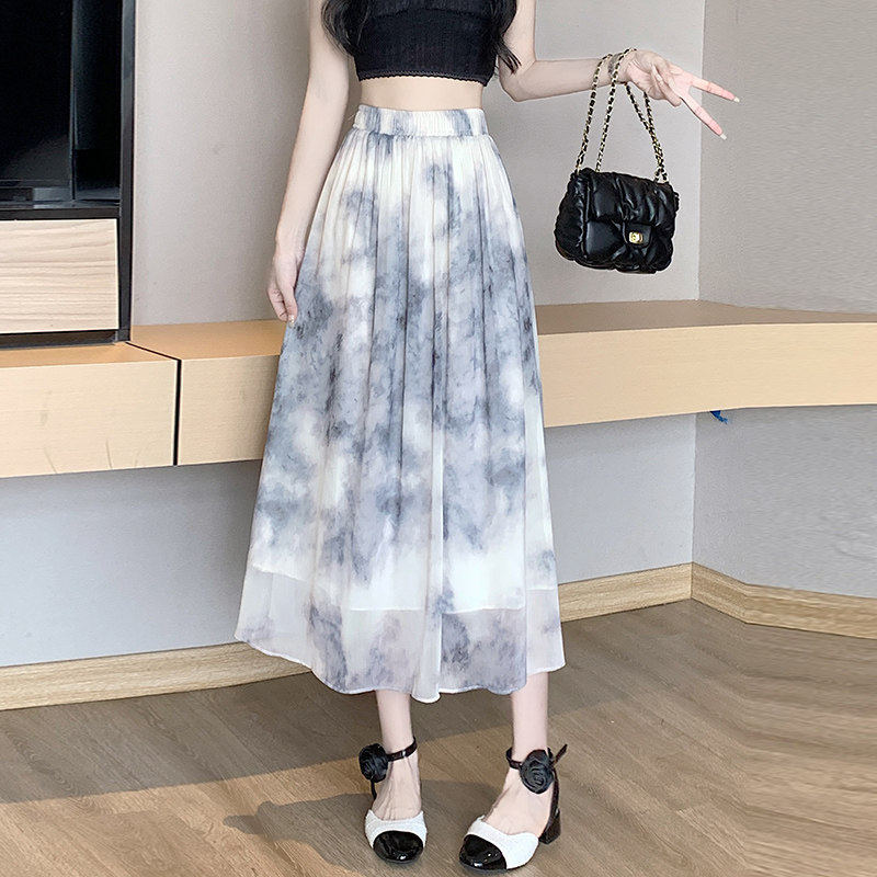 夏季薄款小个子a字水墨扎染雪纺半身裙子仙女超仙森系女2025新款