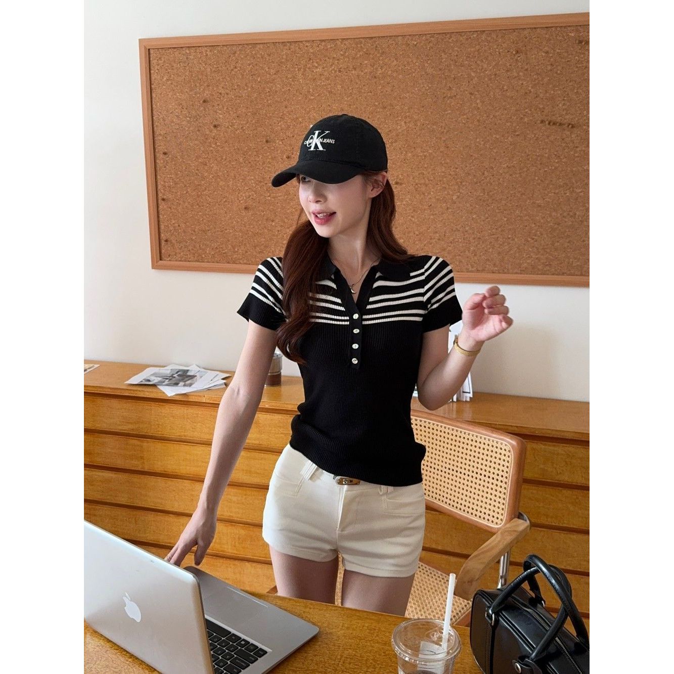 黑白撞色条纹Polo领T恤女装夏季短袖针织衫复古韩系紧身弹力上衣
