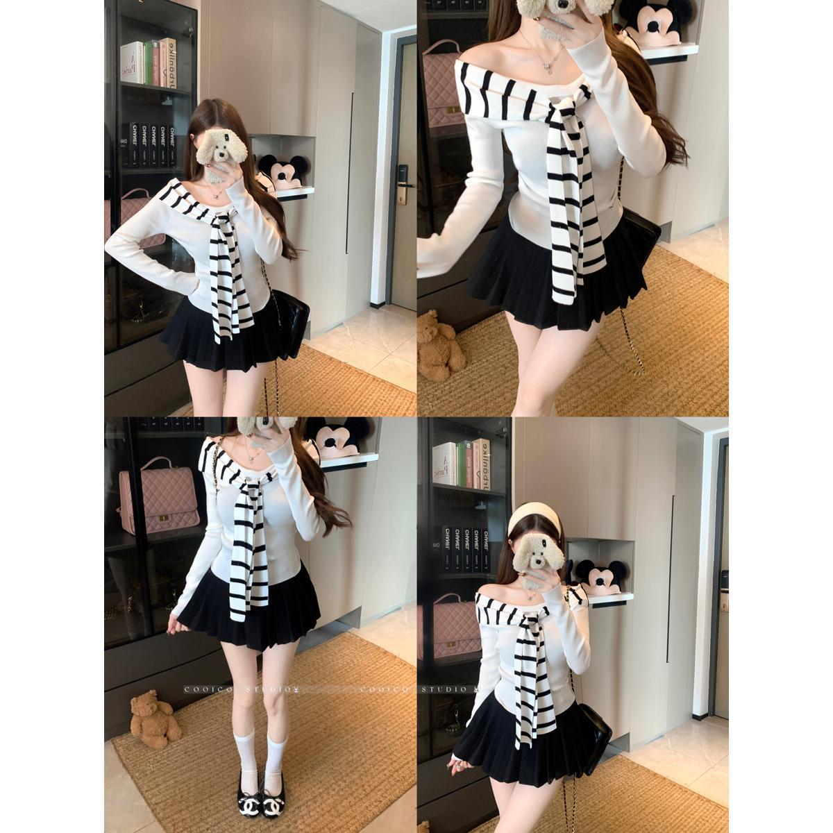 条纹披肩系带一字肩长袖白色针织衫女秋冬内搭打底衫收腰短款上衣