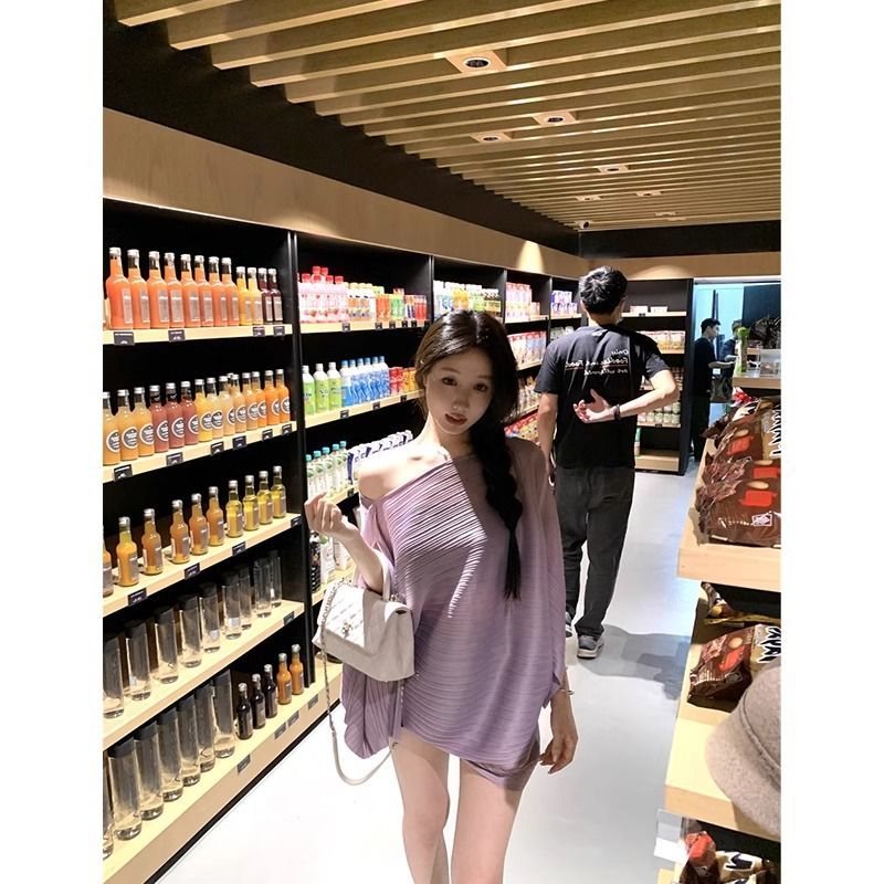多巴胺肌理感紫色斜肩开叉斗蓬T恤女夏季防晒罩衫高级轻奢上衣女