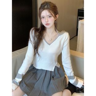 海军学院风娃娃领长袖短款针织衫女独特别致搭配百褶裙的上衣秋季