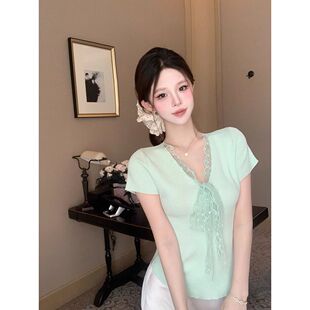 独特漂亮辣妹修身 女夏季 上衣 针织衫 绿色纯欲蕾丝绑带v领冰丝短袖