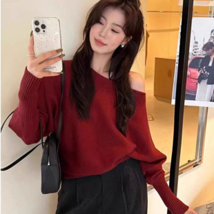 t恤 露肩长袖 韩系棕色短款 chic斜肩上衣女秋冬独特别致小个子修身