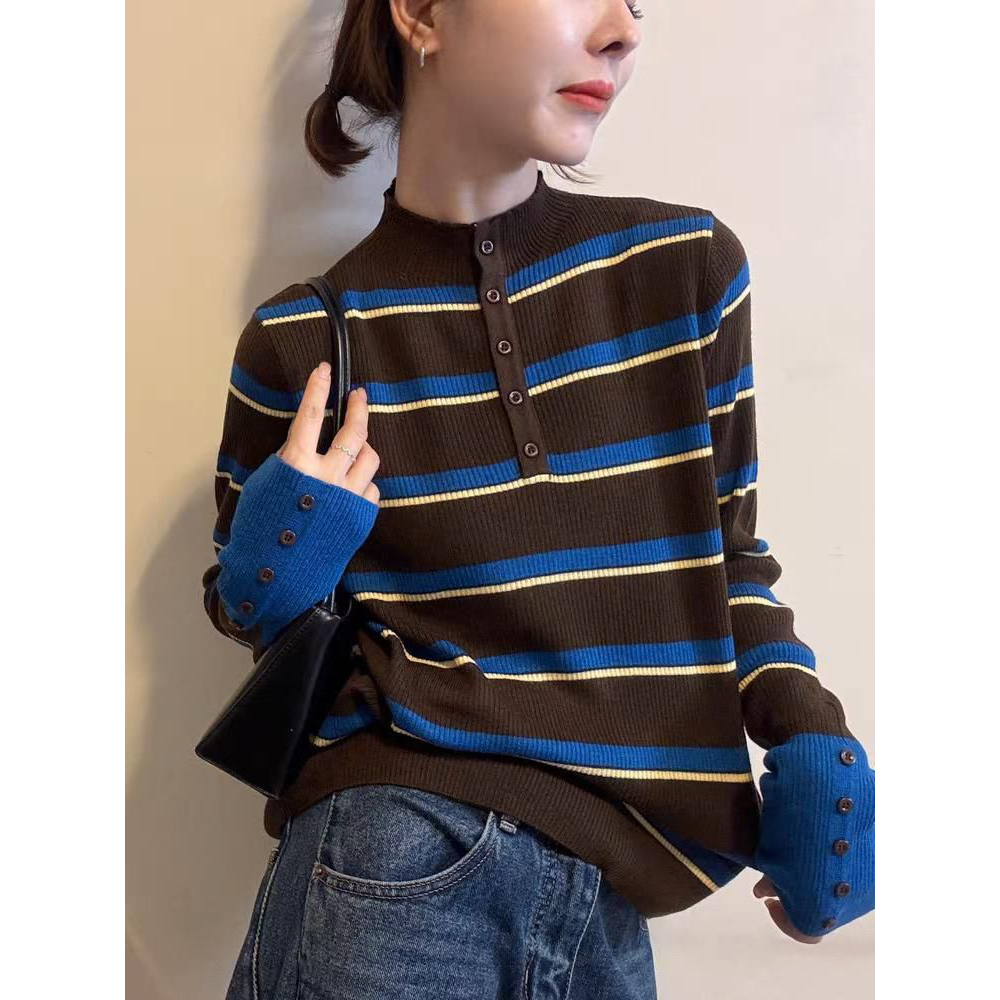 女纽扣半高领内搭复古针织衫毛衣