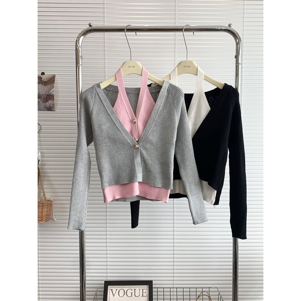 针织开衫女撞色上衣挂脖假两件潮