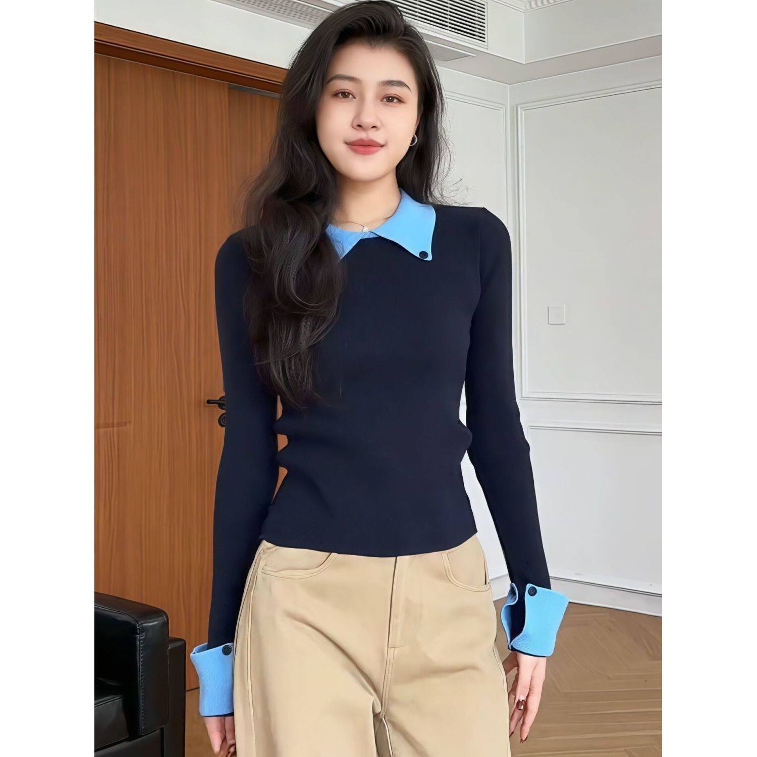 女新款今年流行爆款撞色翻领上衣