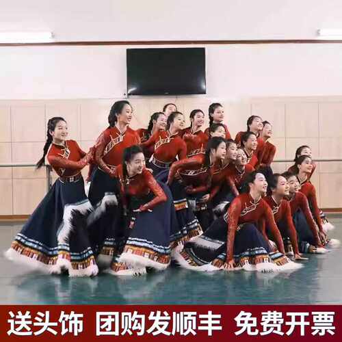 新款藏族舞蹈演出服装女民族服装藏族半身裙大摆裙藏族艺考练习裙
