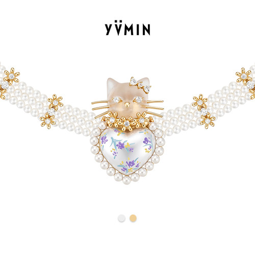YVMIN尤目 小猫爱心珍珠花项链女设计师生日礼物新品