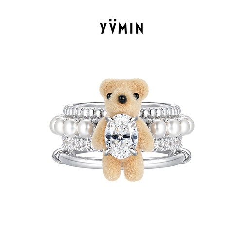 YVMIN尤目 迷你小熊植绒多层珍珠密镶宝石肌理戒指生日礼物