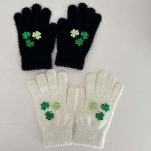 灵魂挚友|秋冬必可爱毛绒绒四叶草连指手套露指可触屏手套女冬季