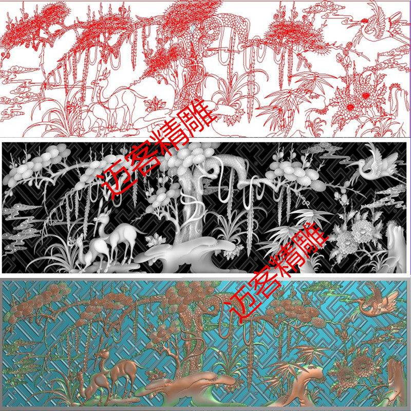新款花鸟精雕图镂空松鹤梅花鹿浮雕横版背景屏风灰度图带线矢量图