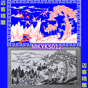 迎客松文泰铣底精雕图迎门墙线雕浮雕松鹤壁画浮雕线雕矢量图