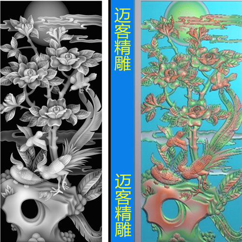 花鸟精雕图喜鹊牡丹浮雕图木雕石雕图