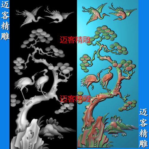 松鹤精雕图竖版松鹤浮雕灰度图石雕木雕屏风牌匾中堂画