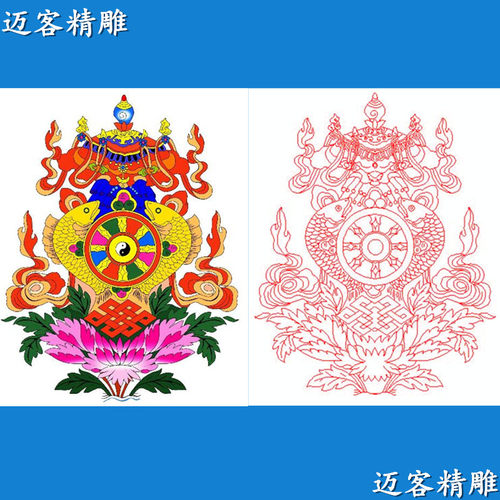 藏八宝精雕图唐卡线雕矢量图木雕石雕庙宇壁画