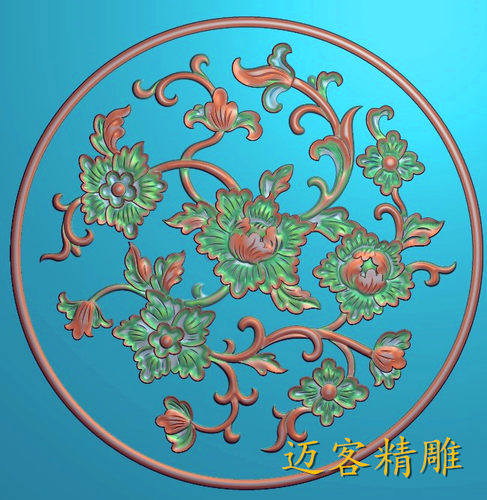 精雕图 浮雕 洋花 圆盘 镂空 玉雕 木雕 高清 带线 MK0032