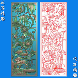 镂空花鸟精雕图竖版仙鹤荷花莲花玄关镂空浮雕图线雕矢量图木雕