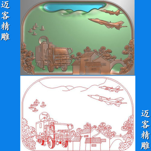 砚台精雕图汽车飞机砚台浮雕灰度图石雕玉雕木雕线雕矢量图