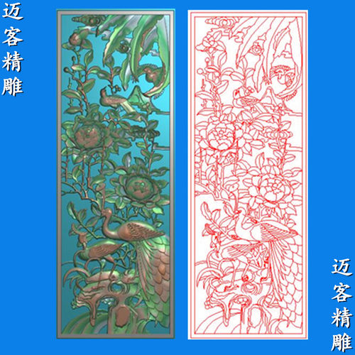 镂空花鸟精雕图竖版孔雀梅兰竹菊玄关镂空浮雕图线雕矢量图木雕