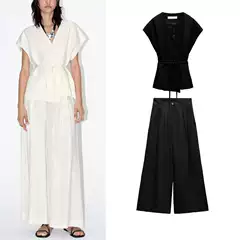 Spring New Style Bow Tie V-Neck Double-Breasted Vest 8056586 Blended Pleated Pants 2365586