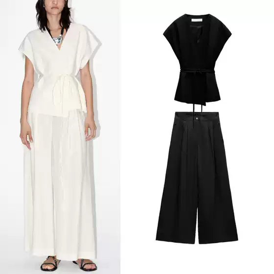 Spring New Style Bow Tie V-Neck Double-Breasted Vest 8056586 Blended Pleated Pants 2365586